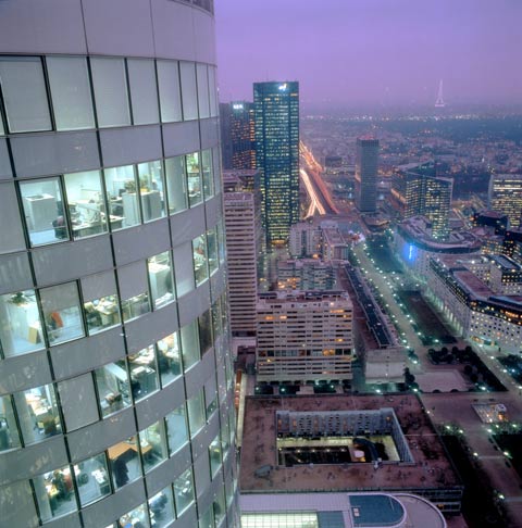 Night view of La Defense from the top of a tower, photo Paul Maurer