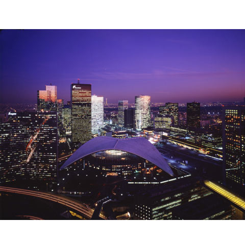 Night View of La Defense near Paris, France, with the CNIT commercial center in front, photo Paul Maurer